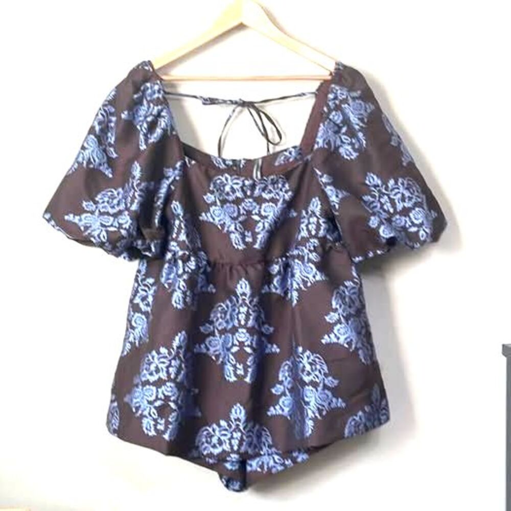 Anthropologie Women Puff Sleeve Jacquard Baby Doll Romper Brown Motif Sz 12